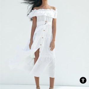 ZARA CUTWORK EMBROIDERY MIDI DRESS WHITE SIZE M| 7678/916